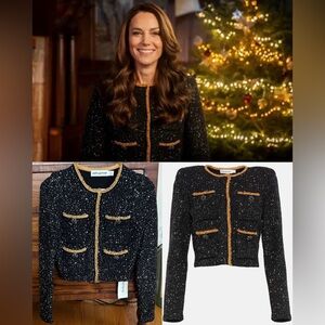 Self-Portrait Sequin Knit Crop Cardigan in Black w/gold-ASO Kate Middleton Royal